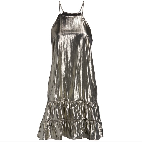 CECE Dress Halter Neck Silver Lamé Tiered Ruffle - Picture 2 of 5